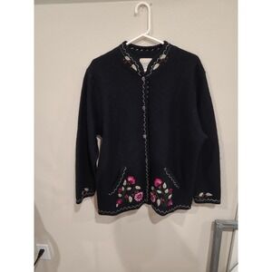 Studio Works Black‎ Wool Cardigan embroidery Women's SZ XL pockets shell buttons